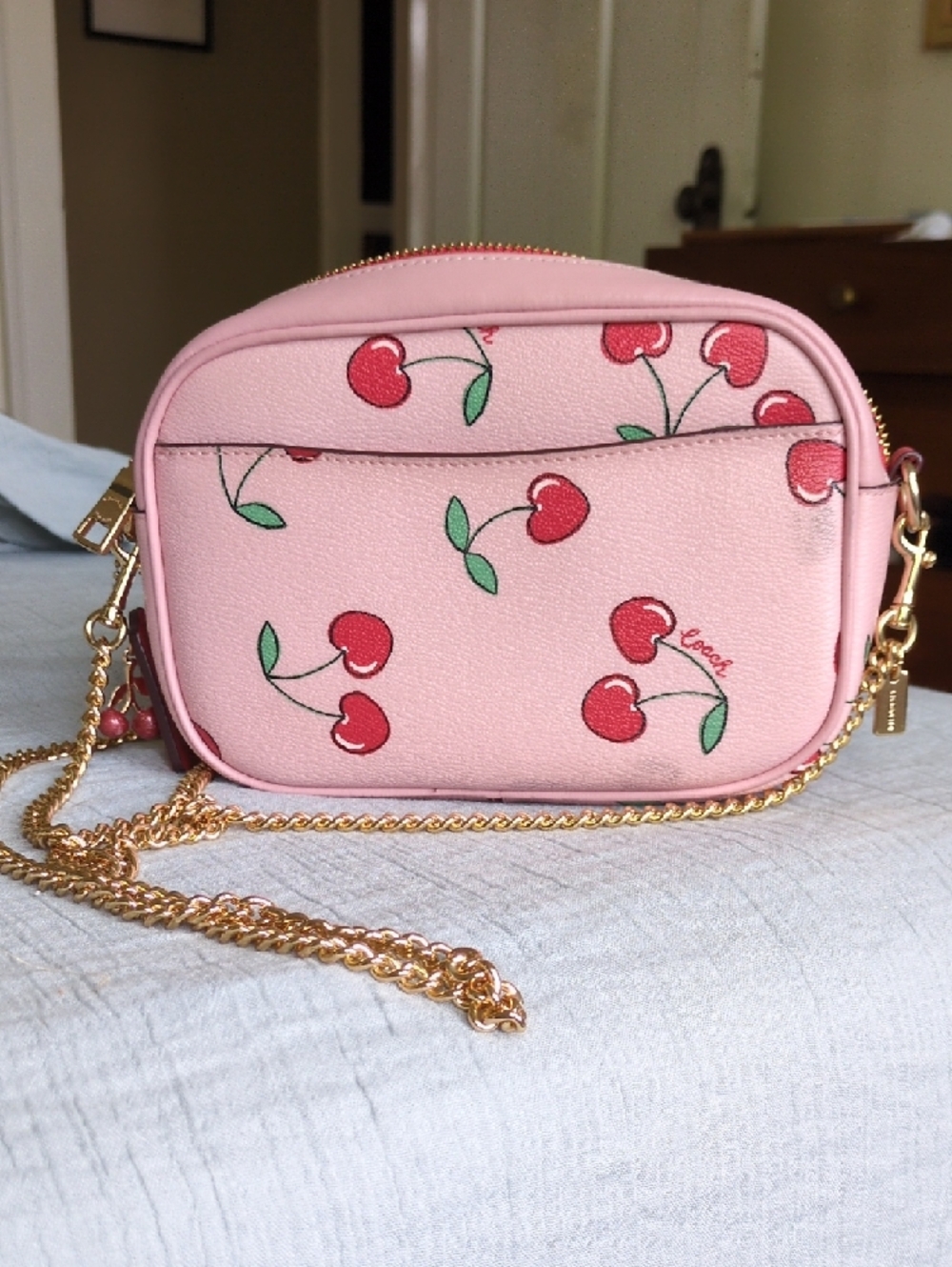 Coach Pink Cherry Print Crossbody with Gold Chain - Picture 3 of 4